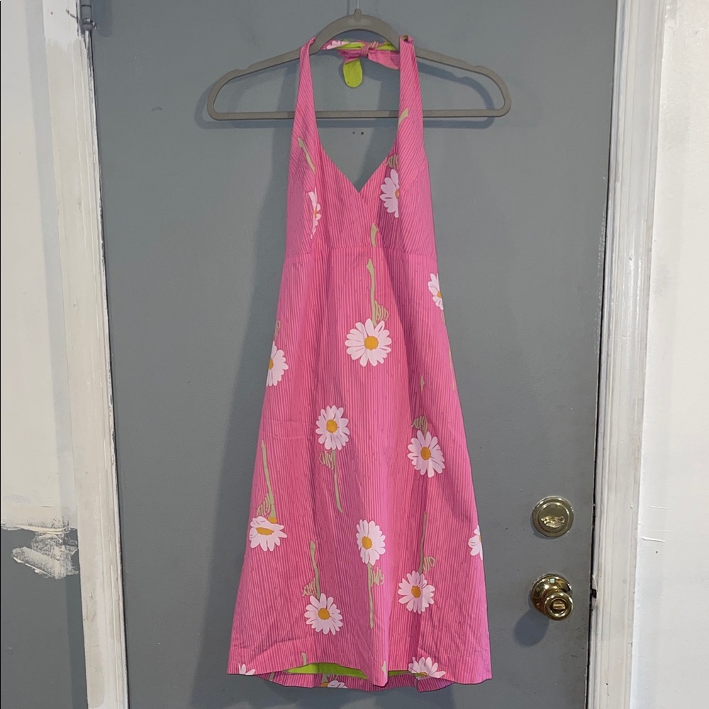 Lilly Pulitzer Pink Daisy Print Halter Midi Dress